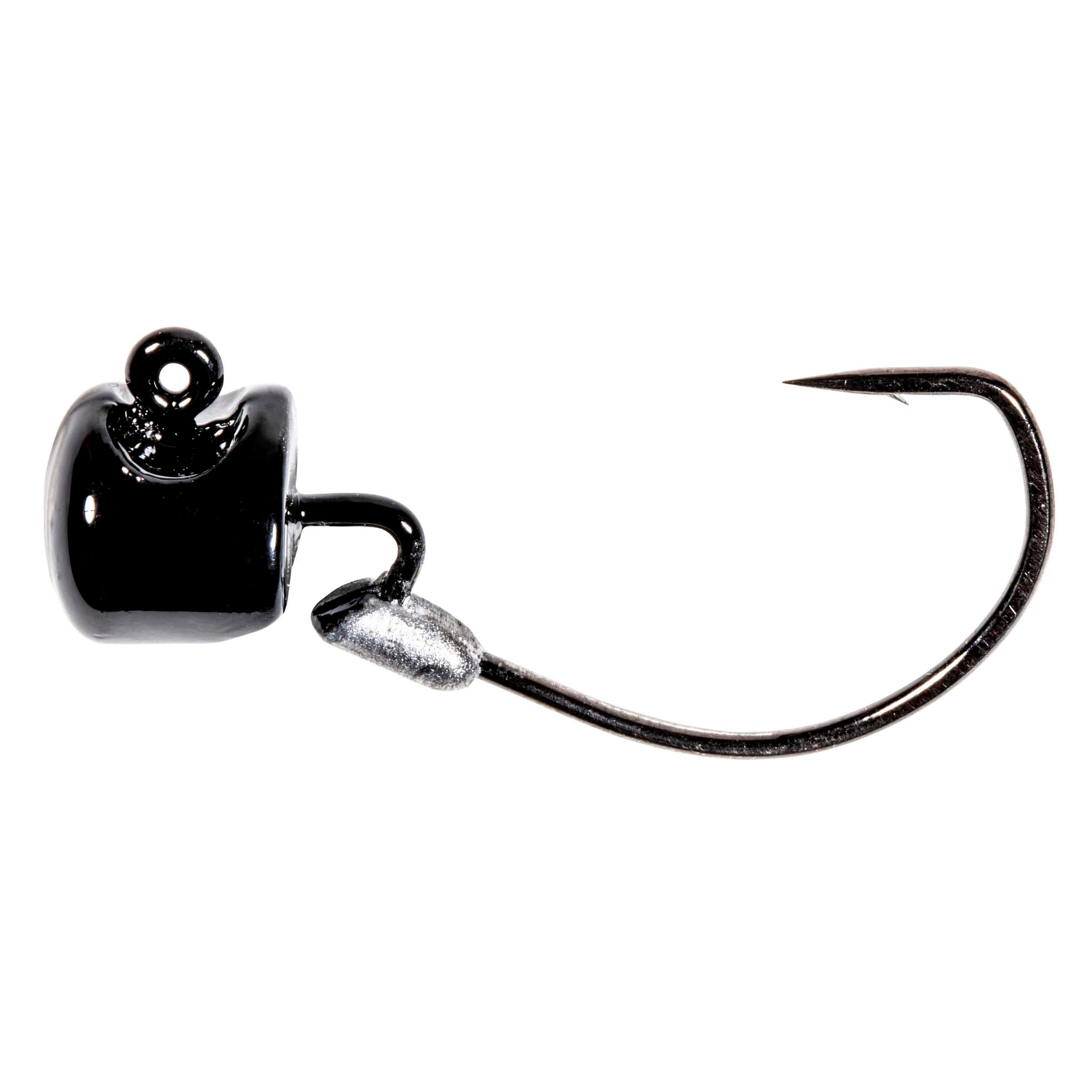 Fishing jig head with black finish and offset hook, hook-forward angle