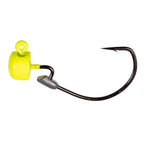 Fishing jig head with chartreuse finish and offset hook, hook-forward angle