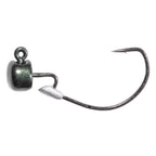 Fishing jig head with silver glitter finish and offset hook, detailed view