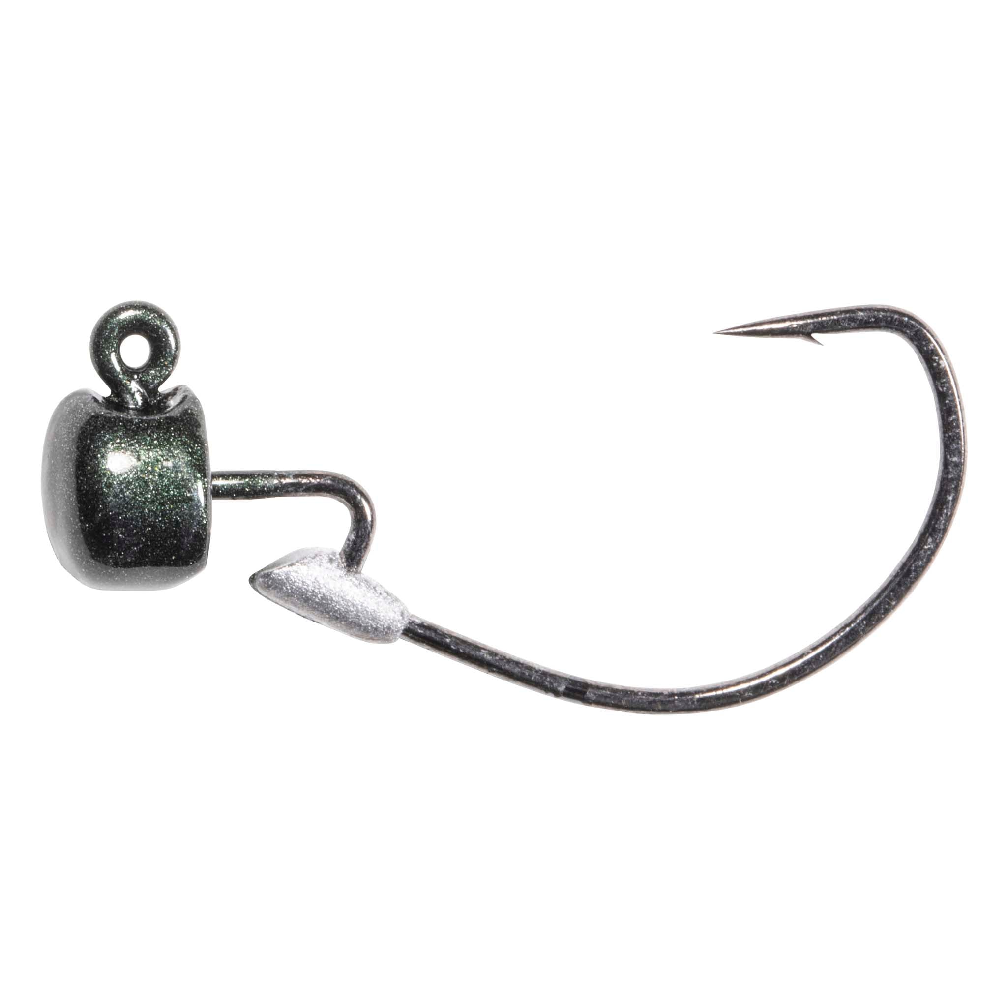 Fishing jig head with silver glitter finish and offset hook, detailed view