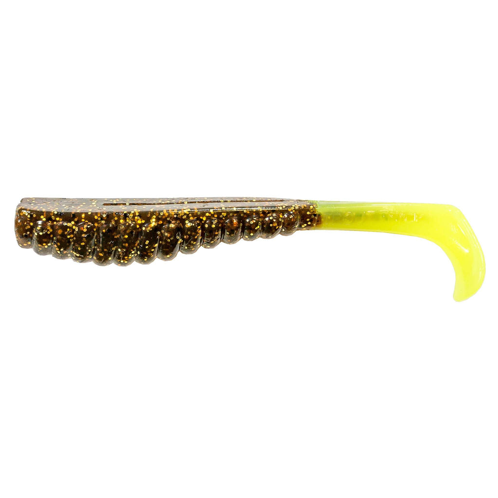 Glitter soft plastic fishing lure with dark brown body and chartreuse curly tail