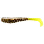 Glitter soft plastic fishing lure with dark brown body and chartreuse curly tail