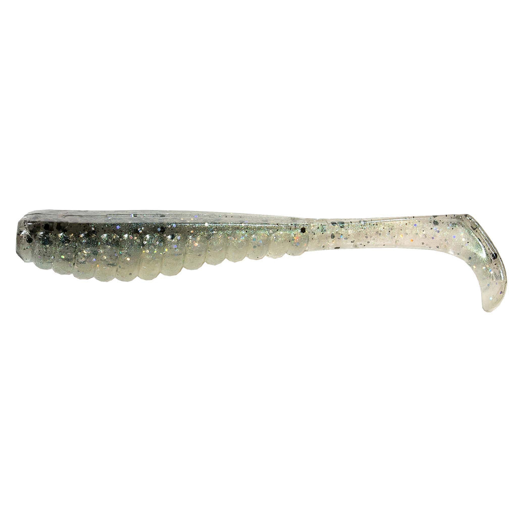 Glitter soft plastic fishing lure with silver-gray body and clear curly tail