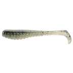 Glitter soft plastic fishing lure with silver-gray body and clear curly tail