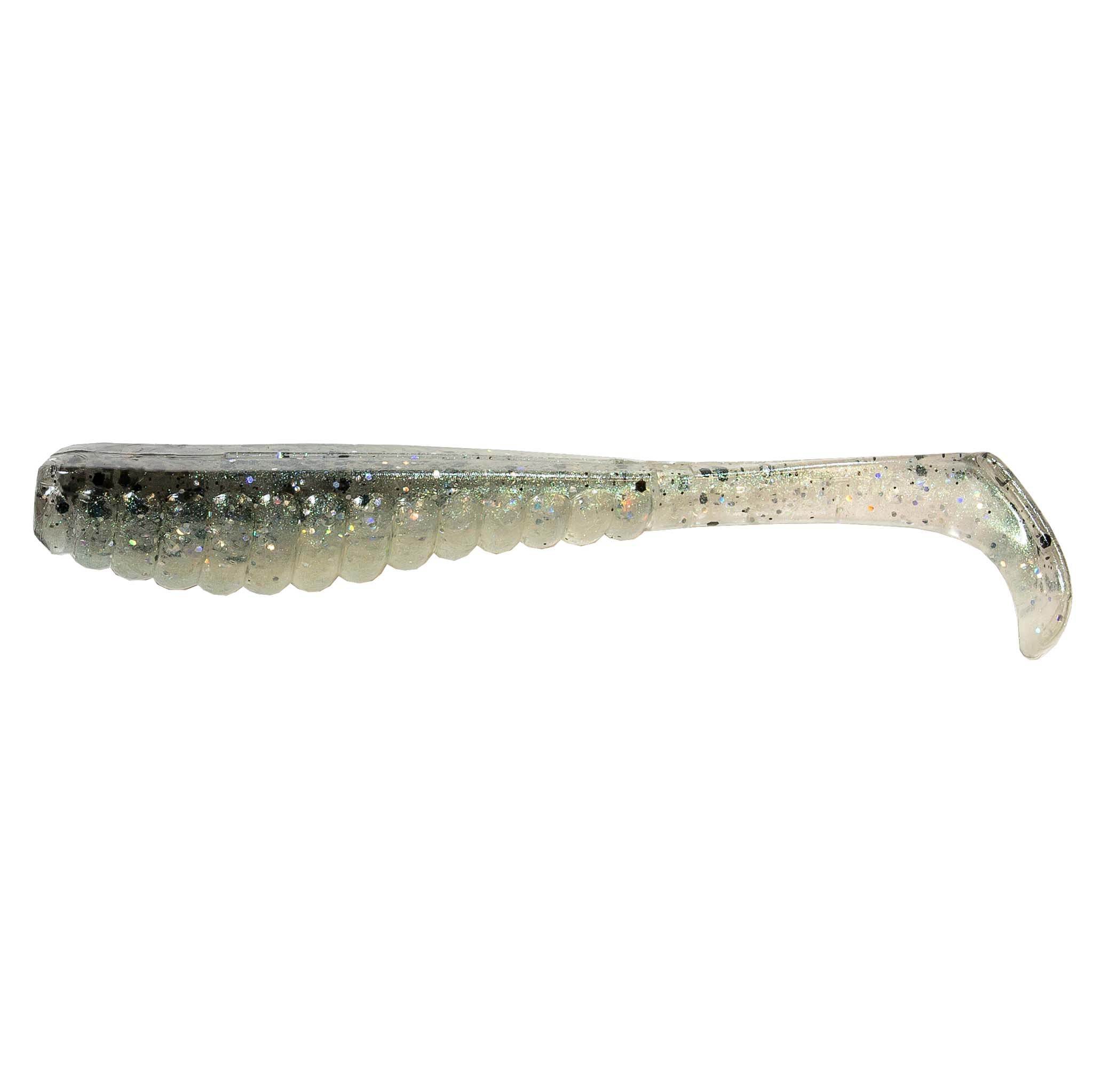 Glitter soft plastic fishing lure with silver-gray body and clear curly tail