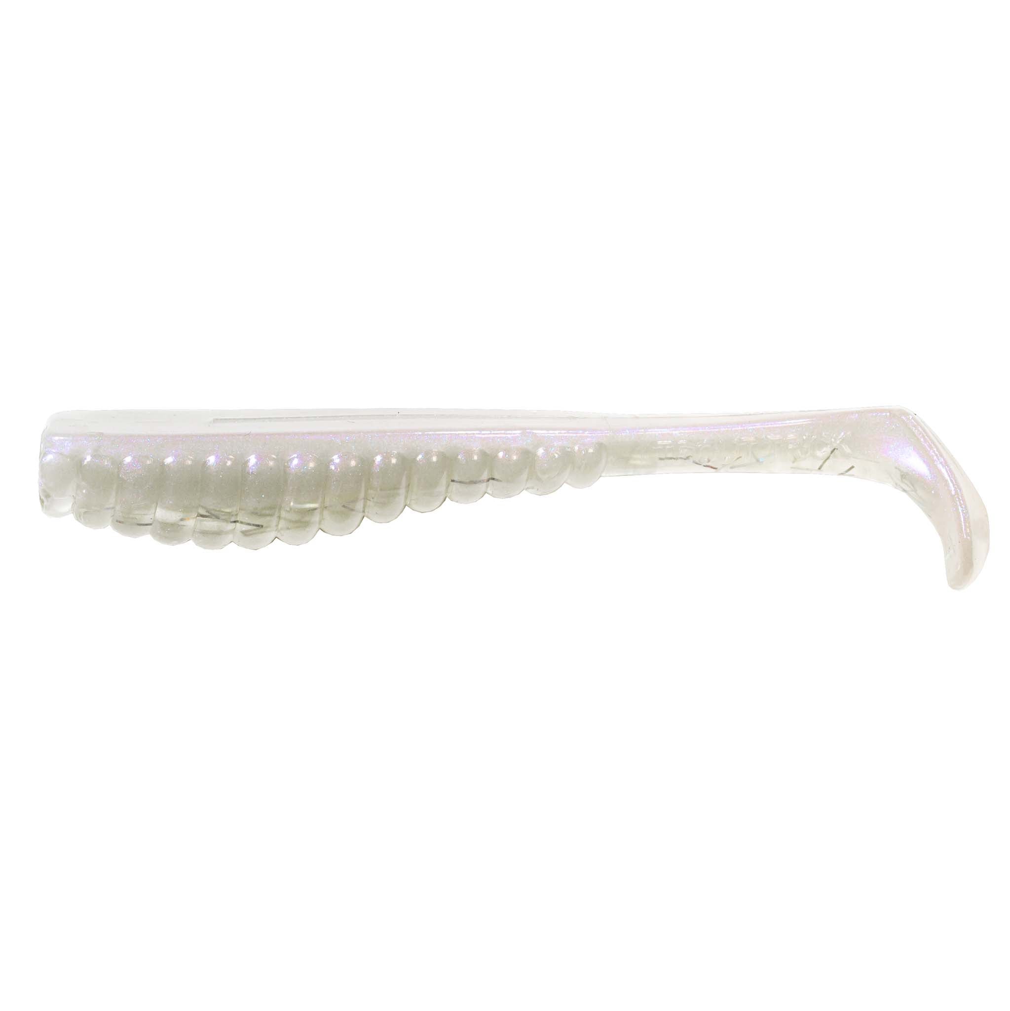 Pearl white soft plastic fishing lure with translucent body and clear curly tail