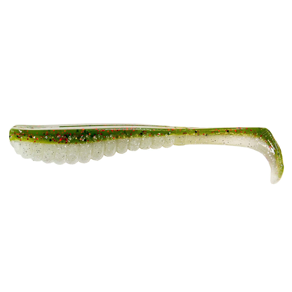 Green speckled soft plastic fishing lure with white belly and green curly tail
