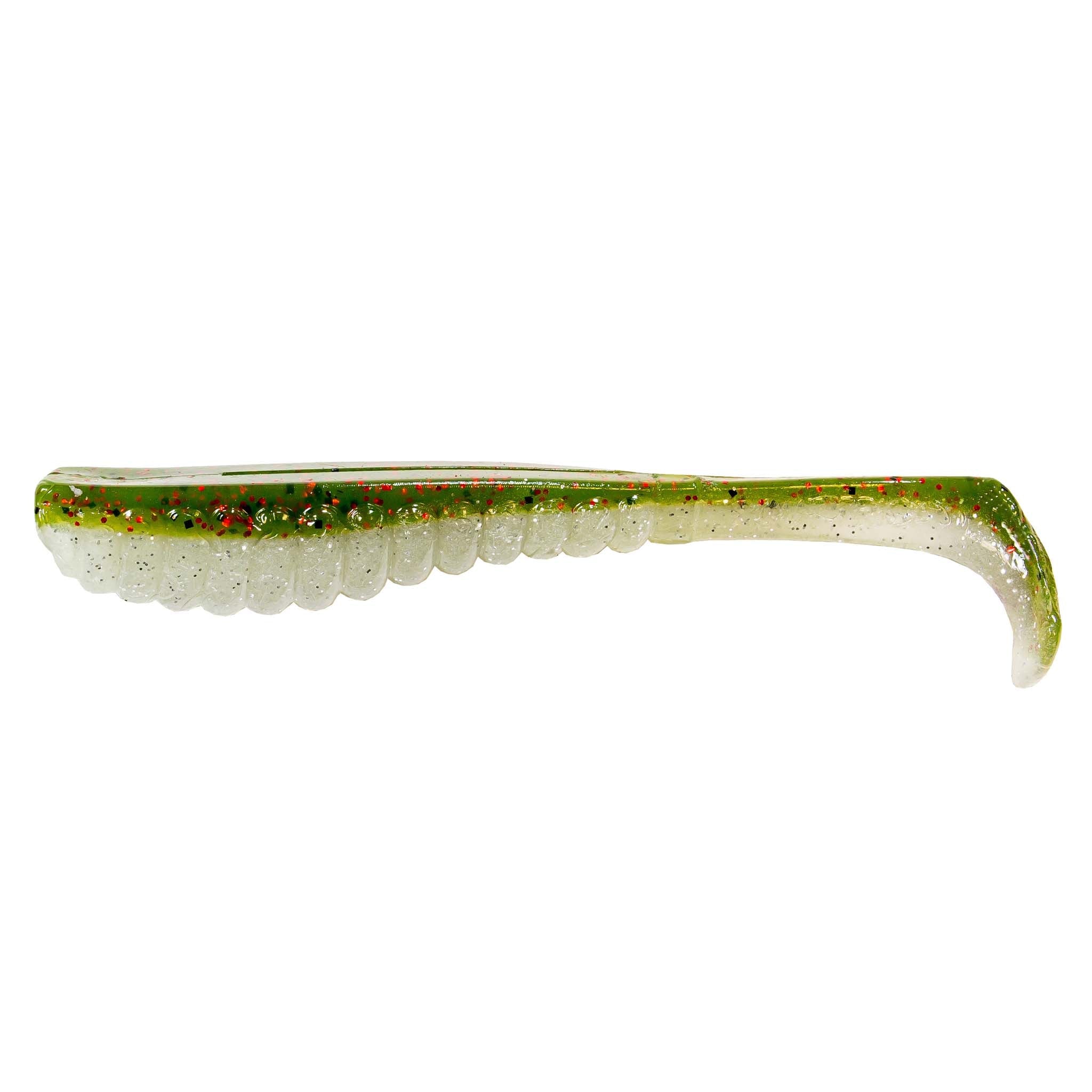 Green speckled soft plastic fishing lure with white belly and green curly tail