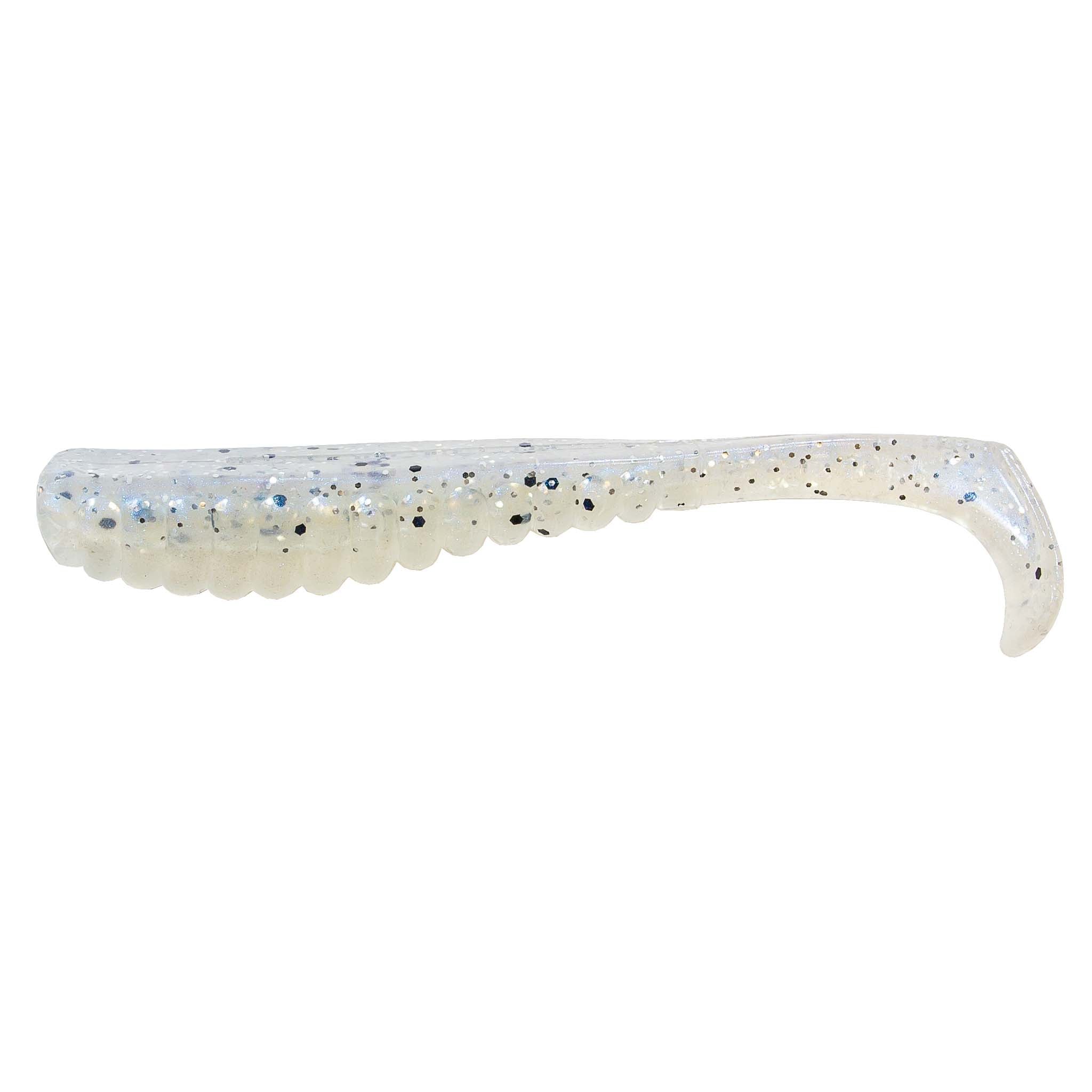 Speckled shad-color soft plastic fishing lure with blue glitter and clear curly tail
