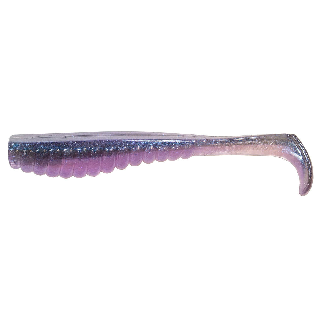 Purple glitter soft plastic fishing lure with translucent body and dark purple curly tail