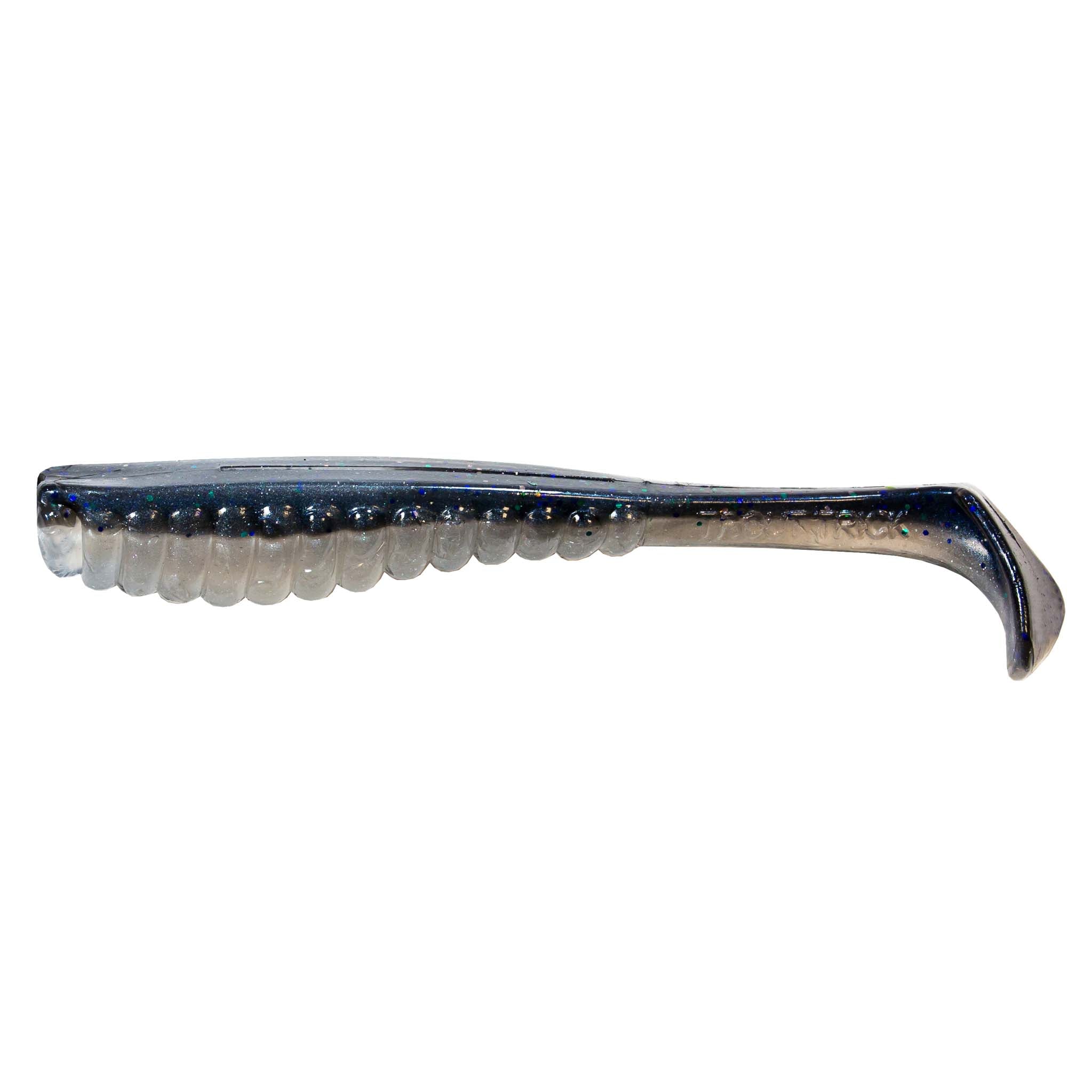 Dark blue glitter soft plastic fishing lure with speckled dots and dark curly tail