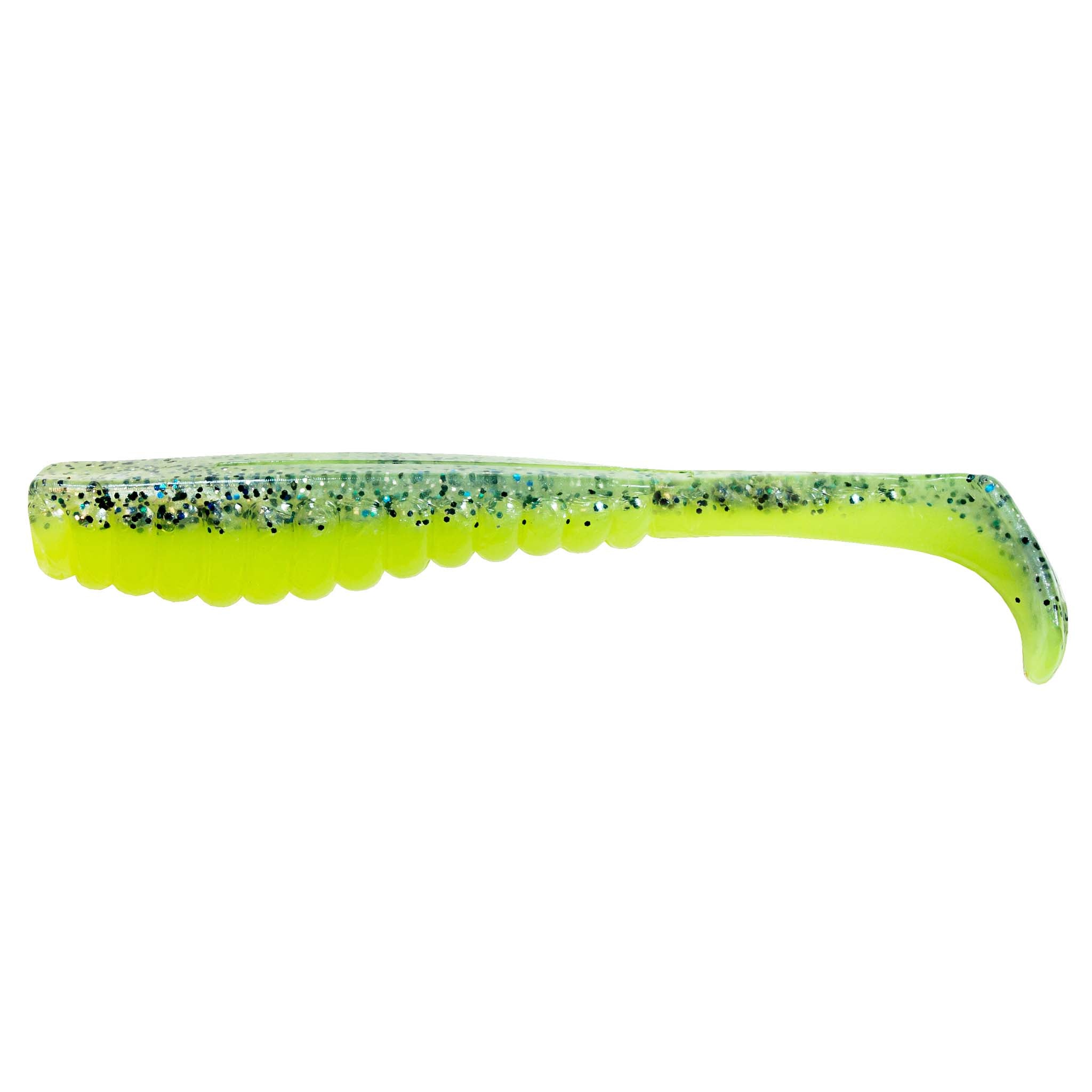 Chartreuse green soft plastic fishing lure with dark speckles and green curly tail