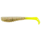 Translucent gold-tan soft plastic fishing lure with glitter and chartreuse curly tail