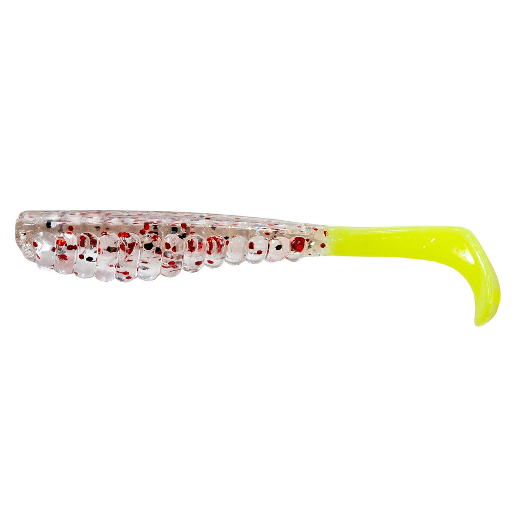 Translucent white soft plastic fishing lure with red flecks and chartreuse curly tail