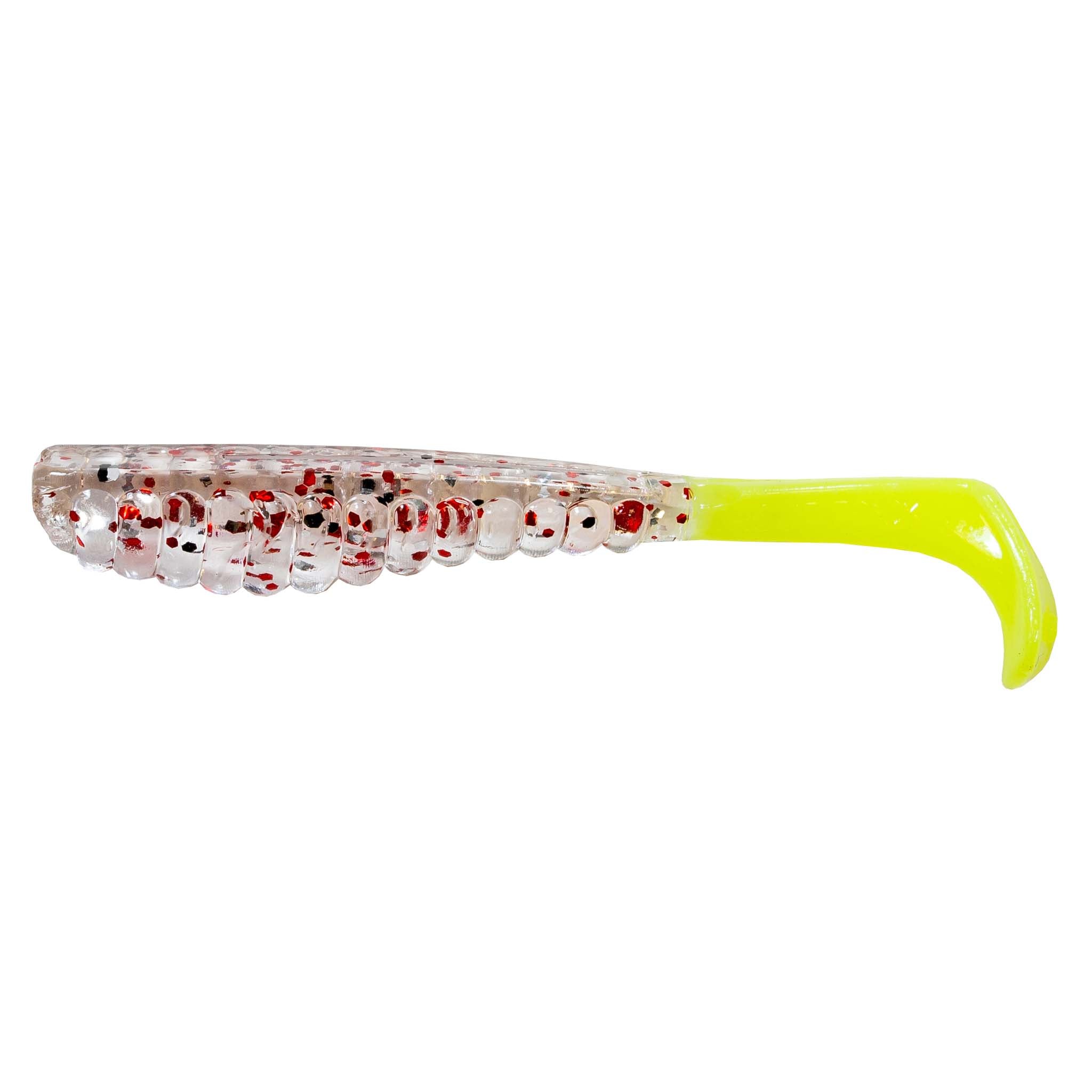 Translucent white soft plastic fishing lure with red flecks and chartreuse curly tail
