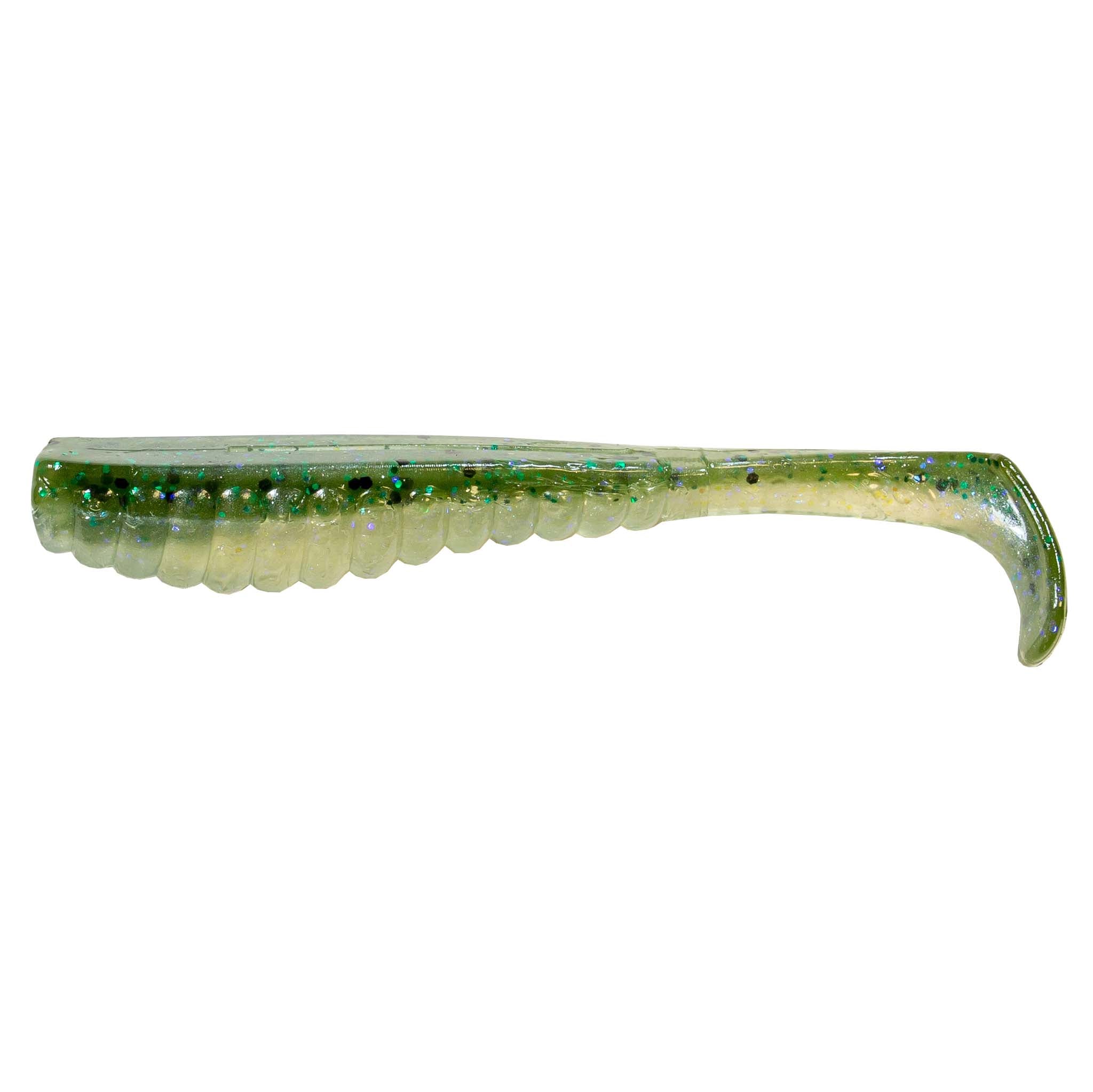 Soft plastic trout lure in translucent green with glitter, curved tail