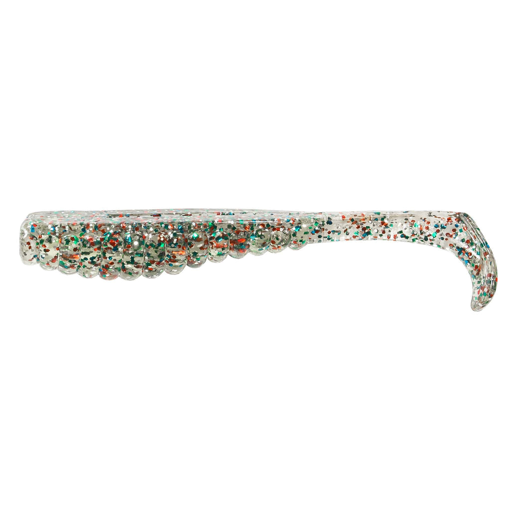 Soft plastic trout lure in clear silver with multicolor speckled glitter