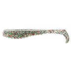 Soft plastic trout lure in clear silver with multicolor speckled glitter
