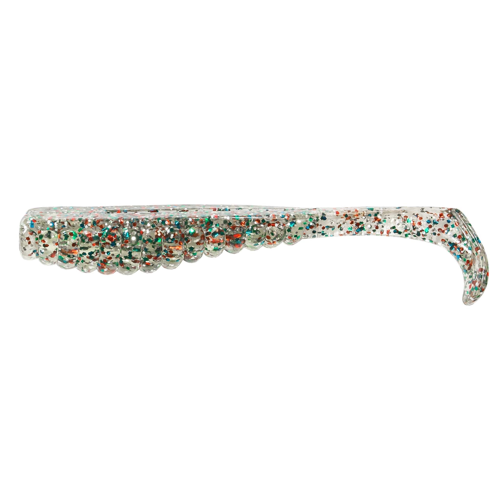 Soft plastic trout lure in clear silver with multicolor speckled glitter
