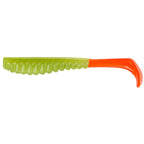 Soft plastic trout lure with lime green translucent body and orange tail