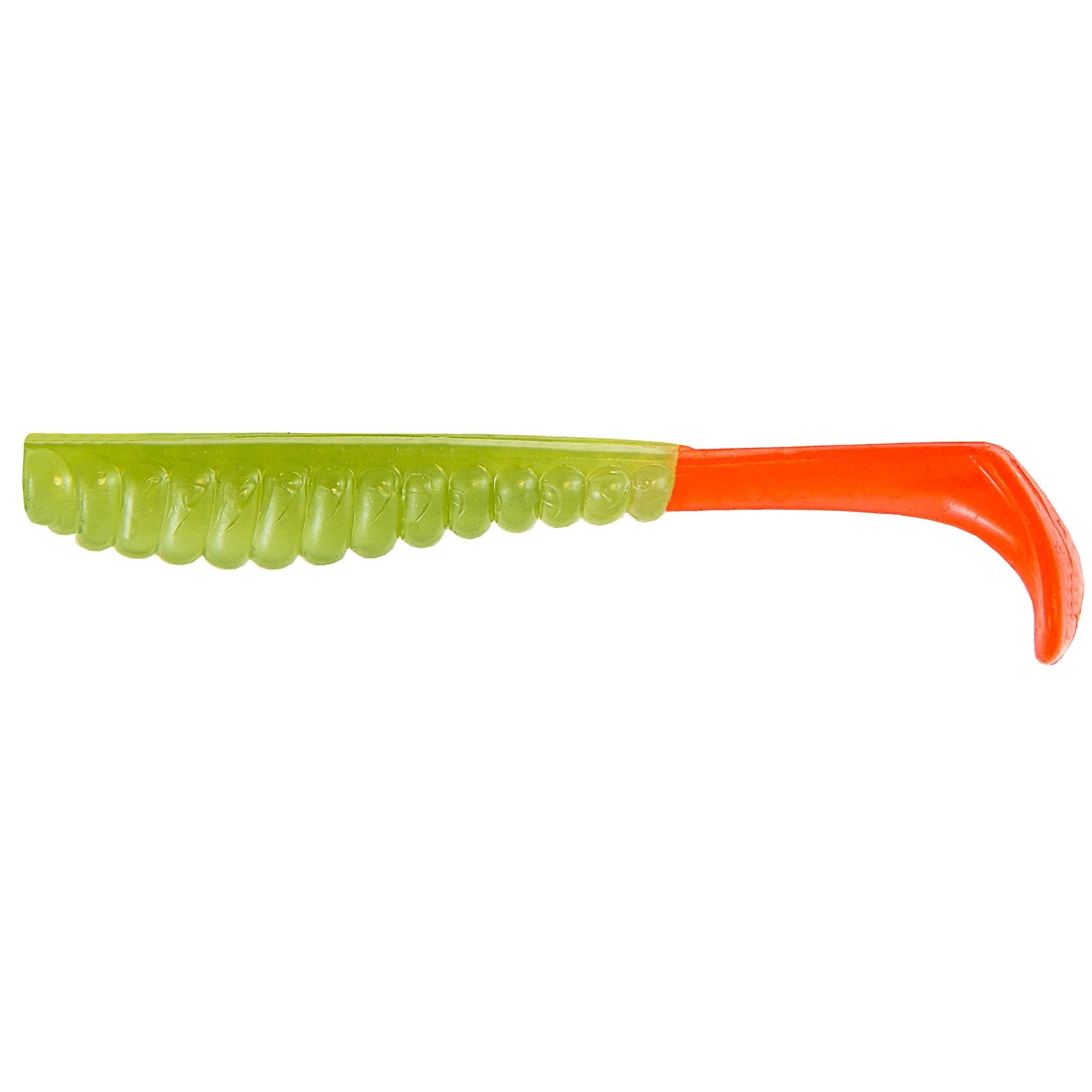 Soft plastic trout lure with lime green translucent body and orange tail