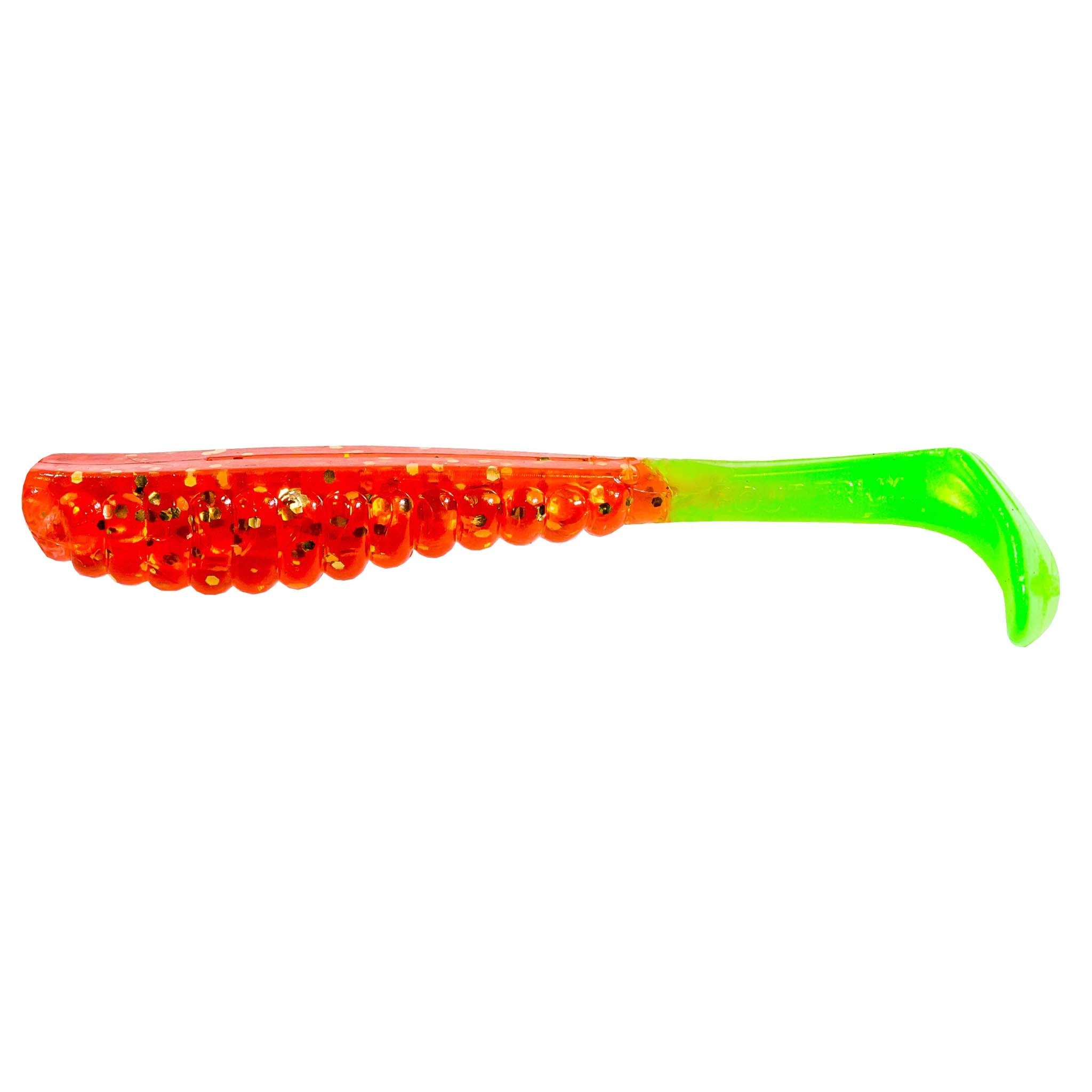 Soft plastic trout lure with orange-red body and bright green tail