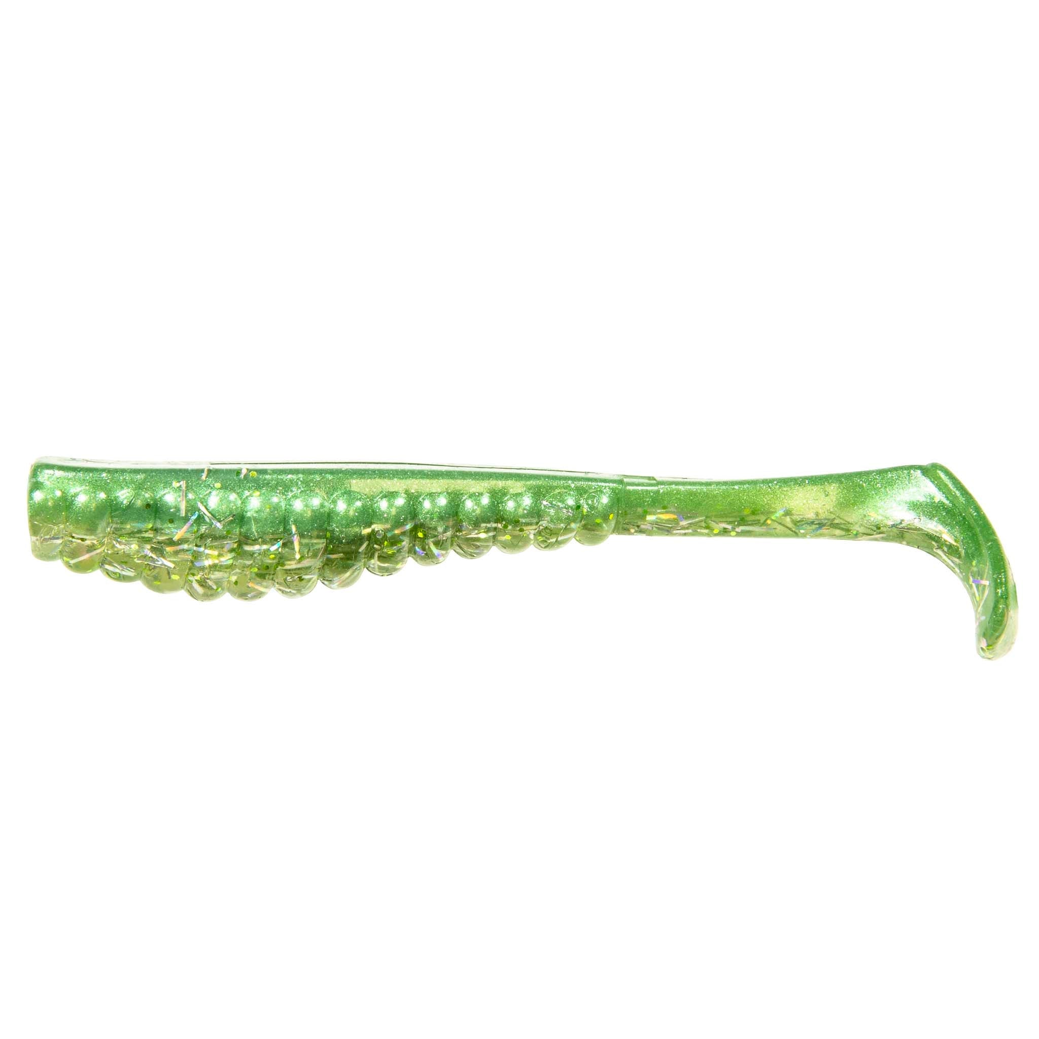 Soft plastic trout lure in translucent light green with fine glitter
