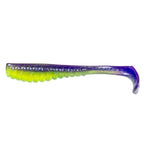 Soft plastic trout lure with purple body and bright chartreuse green underside