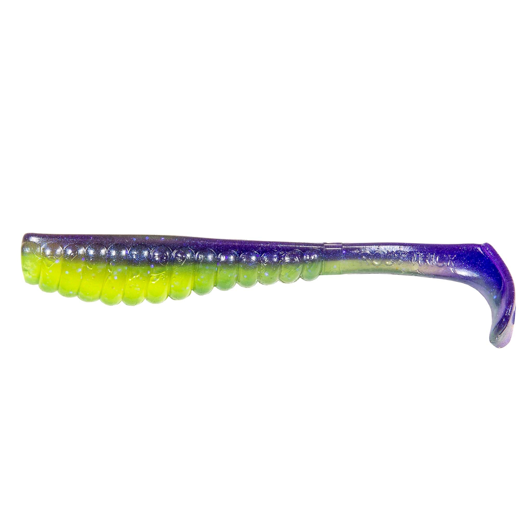 Soft plastic trout lure with purple body and bright chartreuse green underside