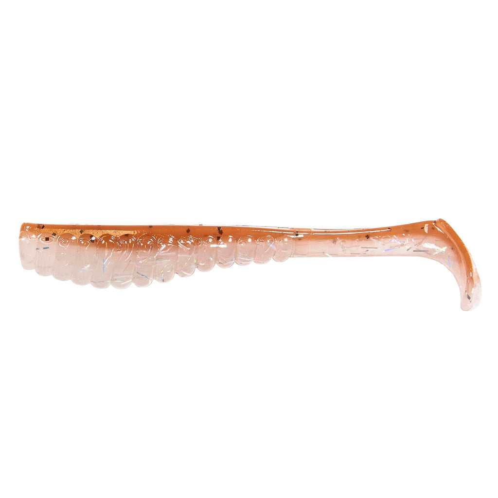 Soft plastic trout lure in translucent peach with light glitter and rounded tail