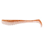 Soft plastic trout lure in translucent peach with light glitter and rounded tail