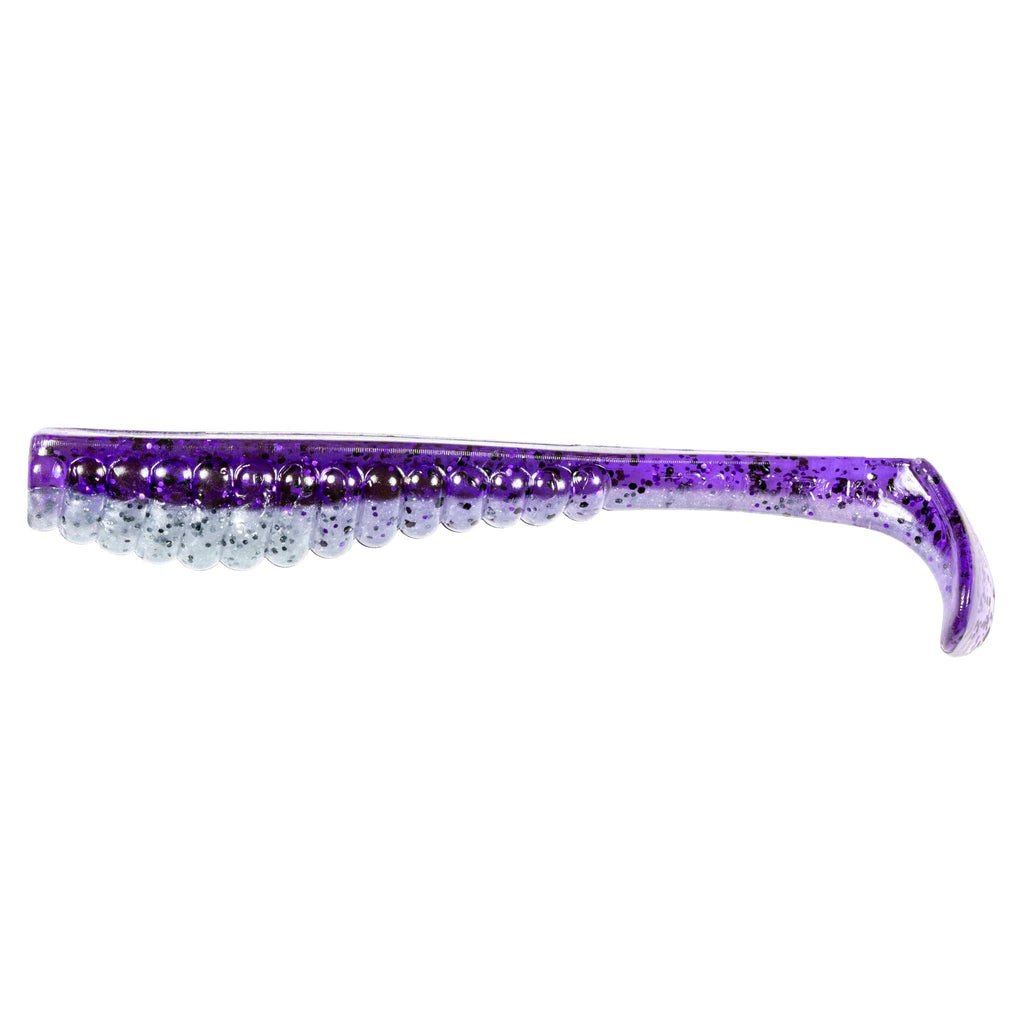 Soft plastic trout lure in purple with silver glitter speckles and green tint
