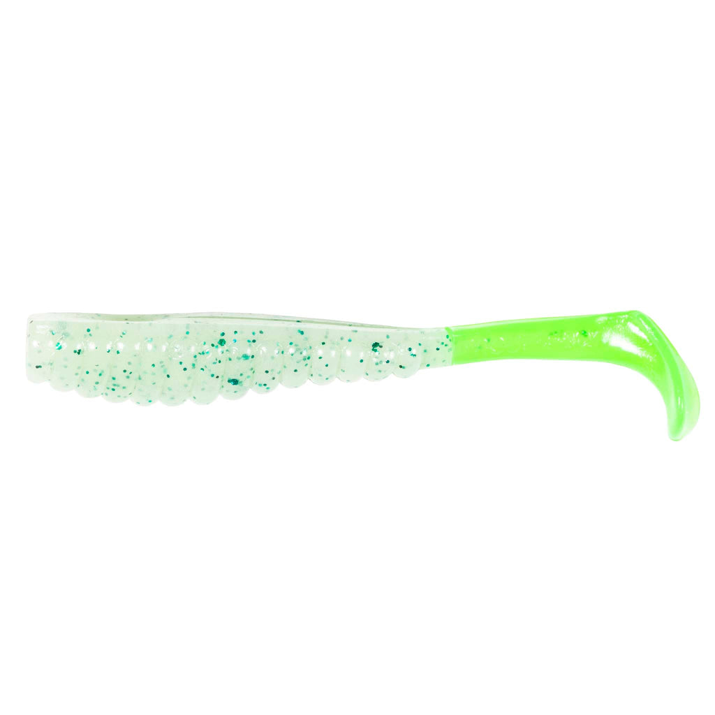 Soft plastic trout lure in clear white with teal speckles and neon green tail