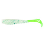 Soft plastic trout lure in clear white with teal speckles and neon green tail