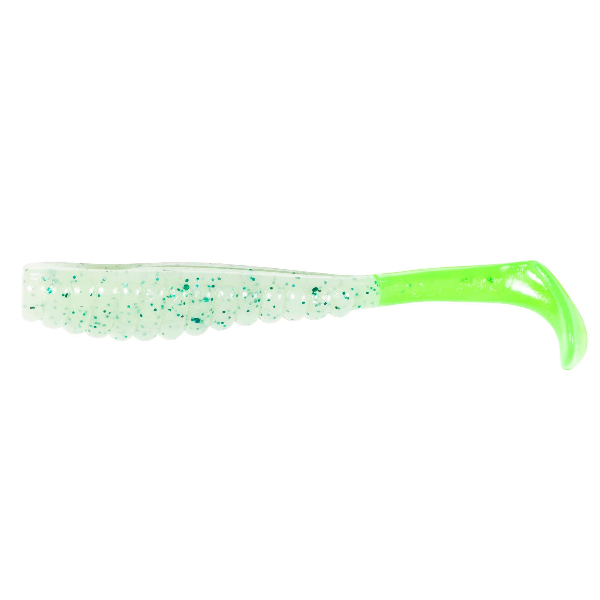 Soft plastic trout lure in clear white with teal speckles and neon green tail