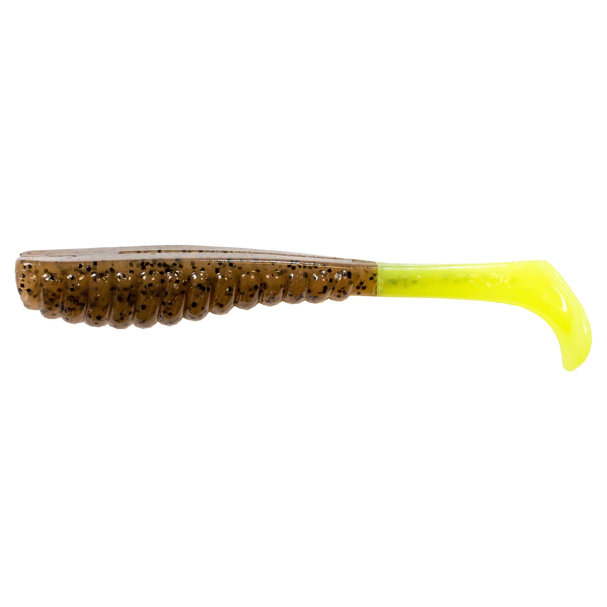 Soft plastic trout lure with dark brown body speckled black and chartreuse tail