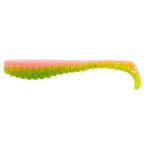 Two-tone soft swimbait lure with pink body, green speckled back and chartreuse tail