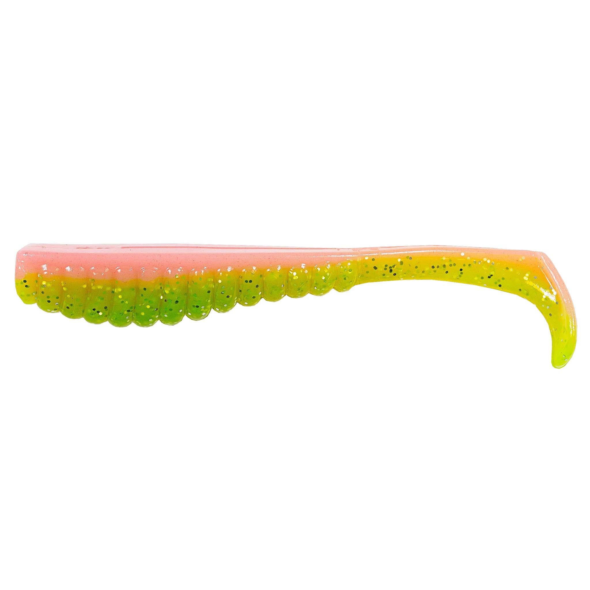 Two-tone soft swimbait lure with pink body, green speckled back and chartreuse tail