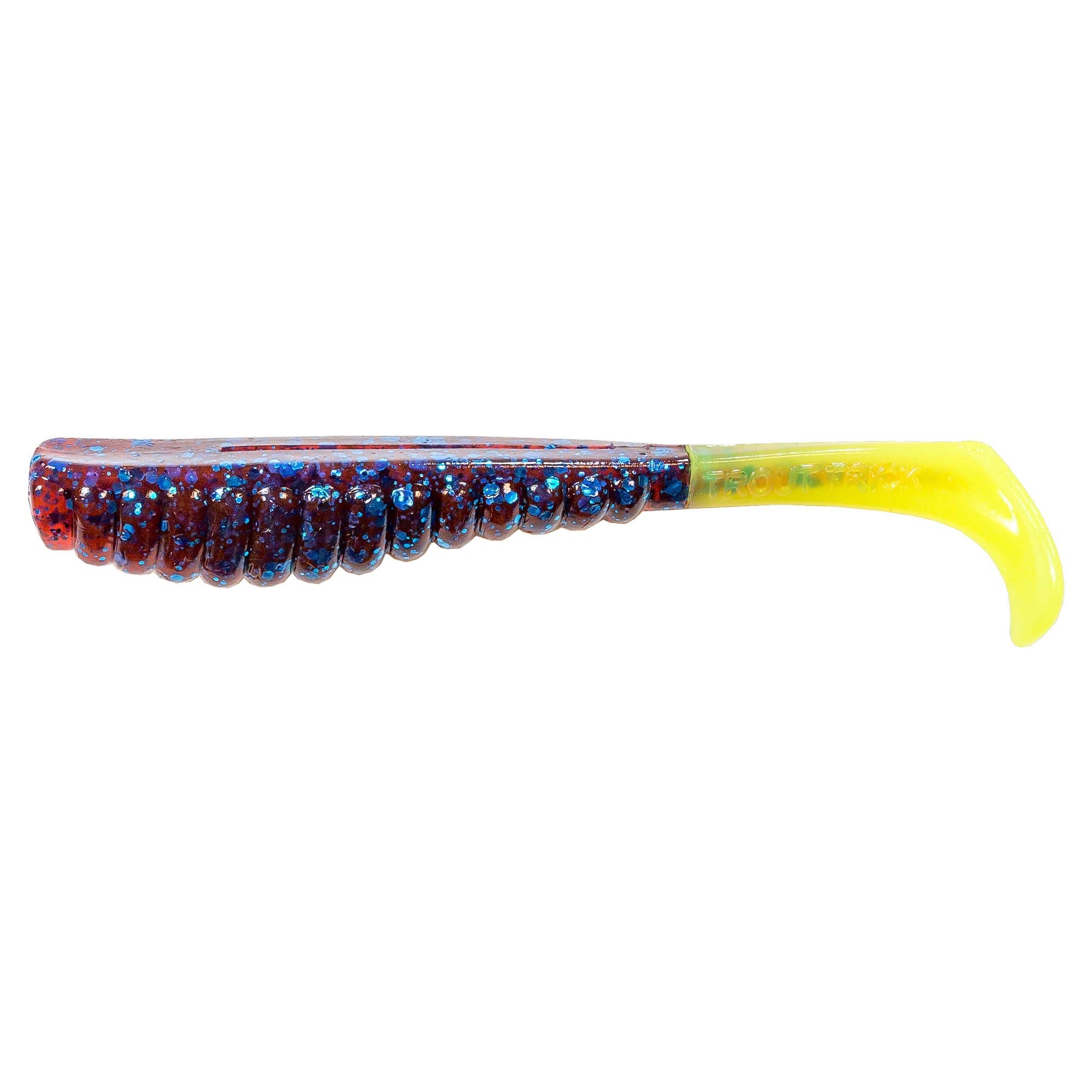 Glittery blue-red soft swimbait lure with yellow tail and speckled body