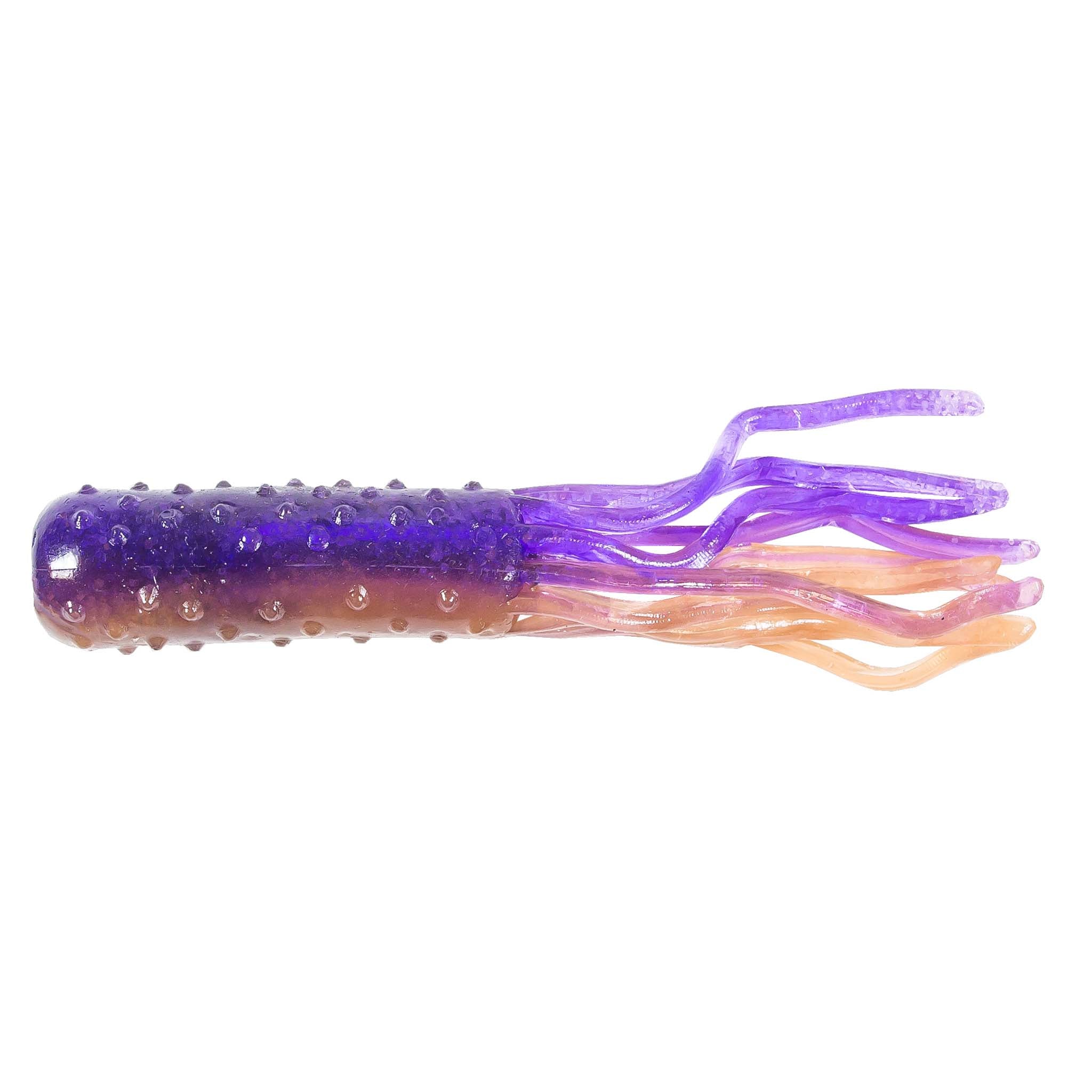 TRD TubeZ soft plastic bait, purple speckled body with orange translucent tentacles