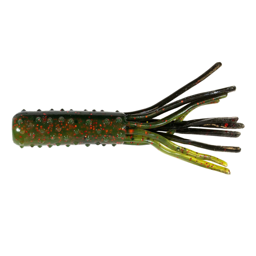 TRD TubeZ soft plastic bait, greenish speckled body with multi-color tentacles
