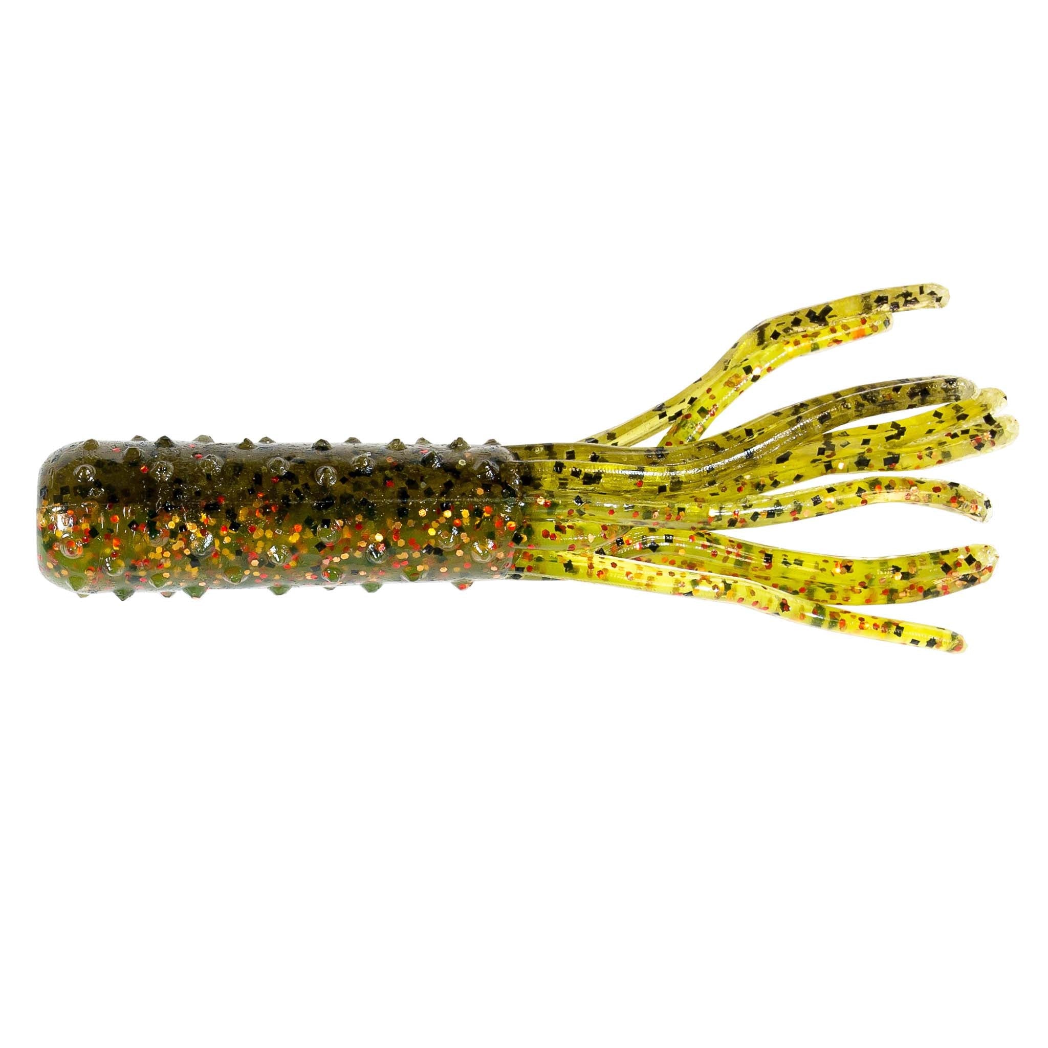 TRD TubeZ soft plastic bait, dark speckled body with yellow speckled tentacles