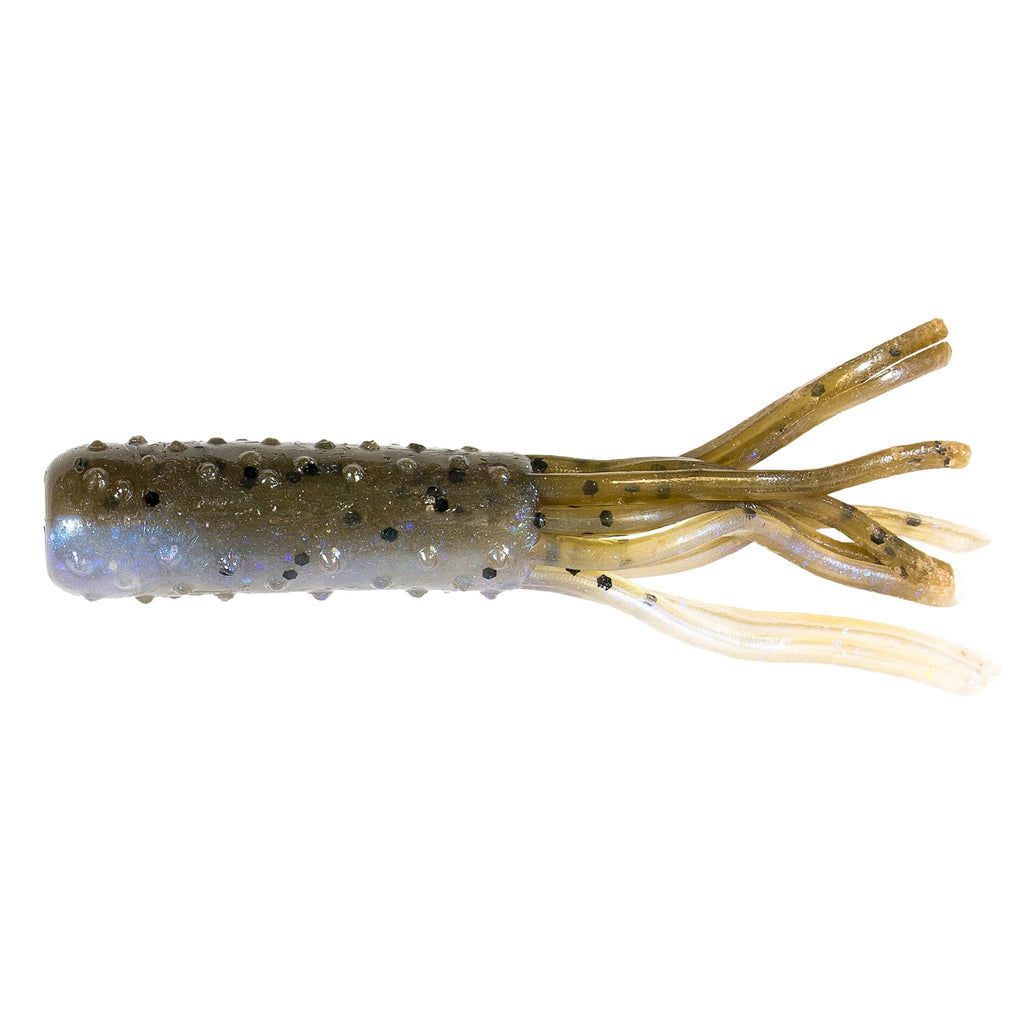 TRD TubeZ soft plastic bait, olive speckled body with clear golden tentacles