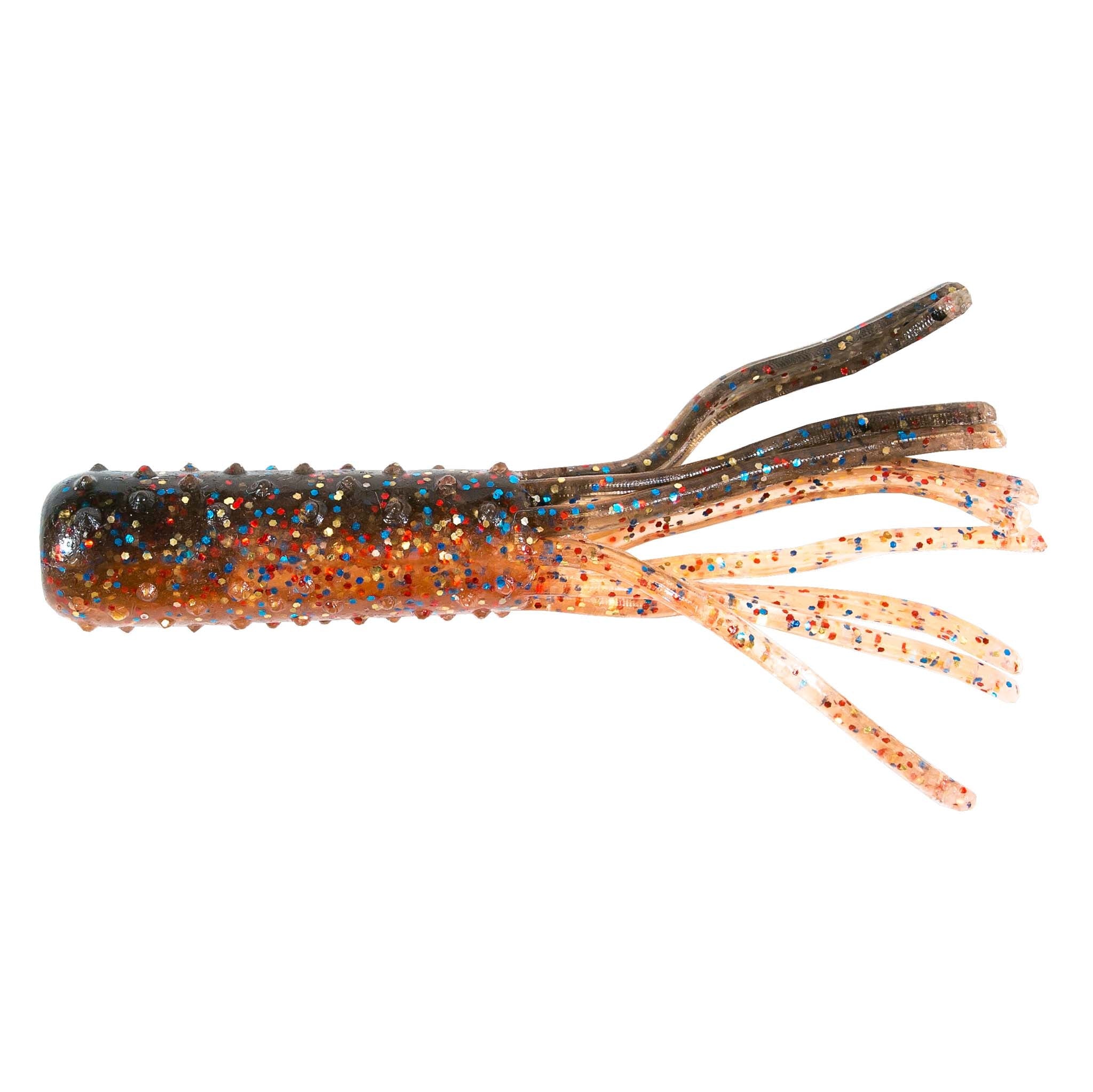 TRD TubeZ soft plastic bait, dark speckled body with orange-and-clear tentails