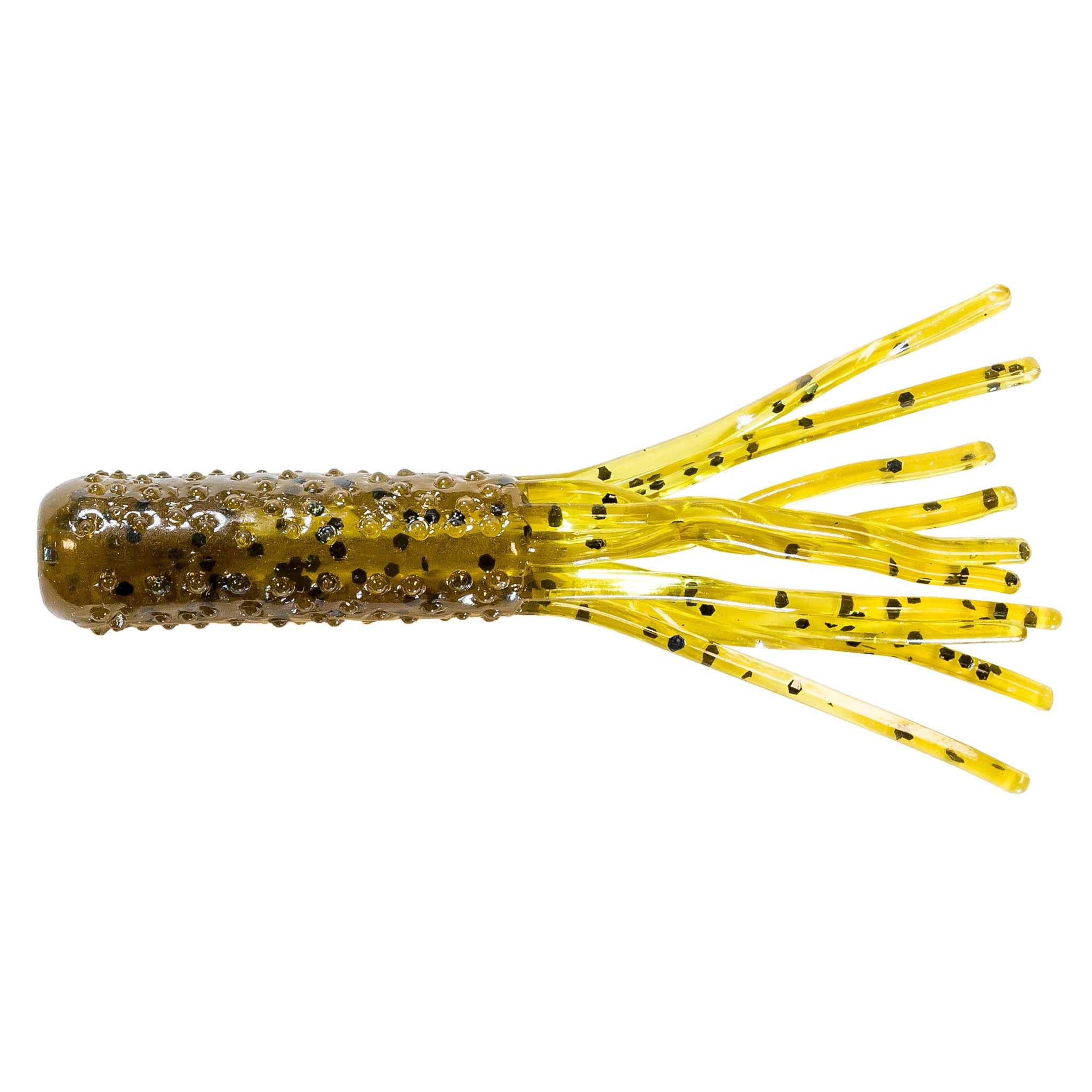 TRD TubeZ soft plastic bait, translucent yellow body with black speckled tentacles