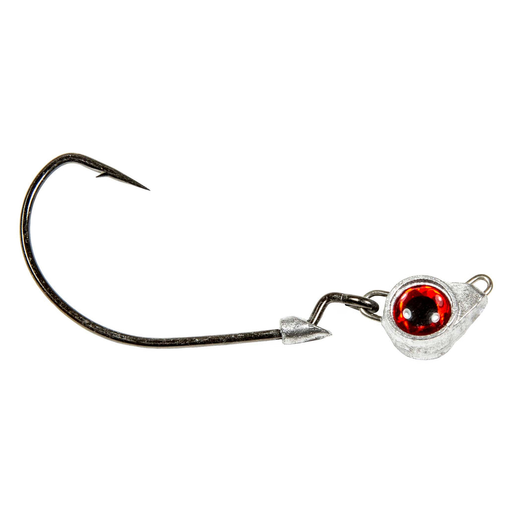 Jighead hook with red eye, metal jig body, and trailing barbed hook