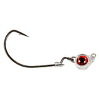 Jighead hook with red eye, metal jig body, and trailing barbed hook