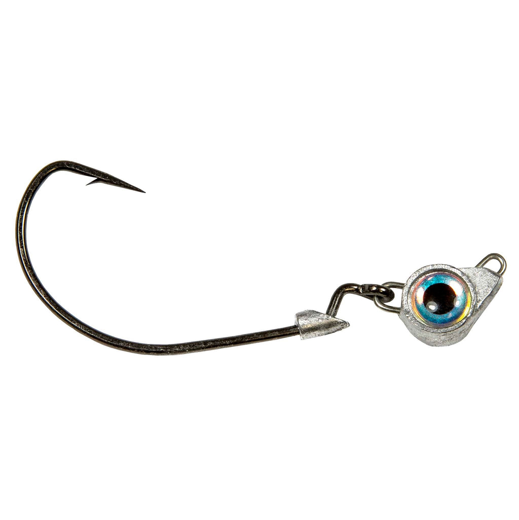 Jighead hook with iridescent blue eye, metal jig body, and trailing barbed hook