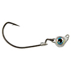 Jighead hook with iridescent blue eye, metal jig body, and trailing barbed hook
