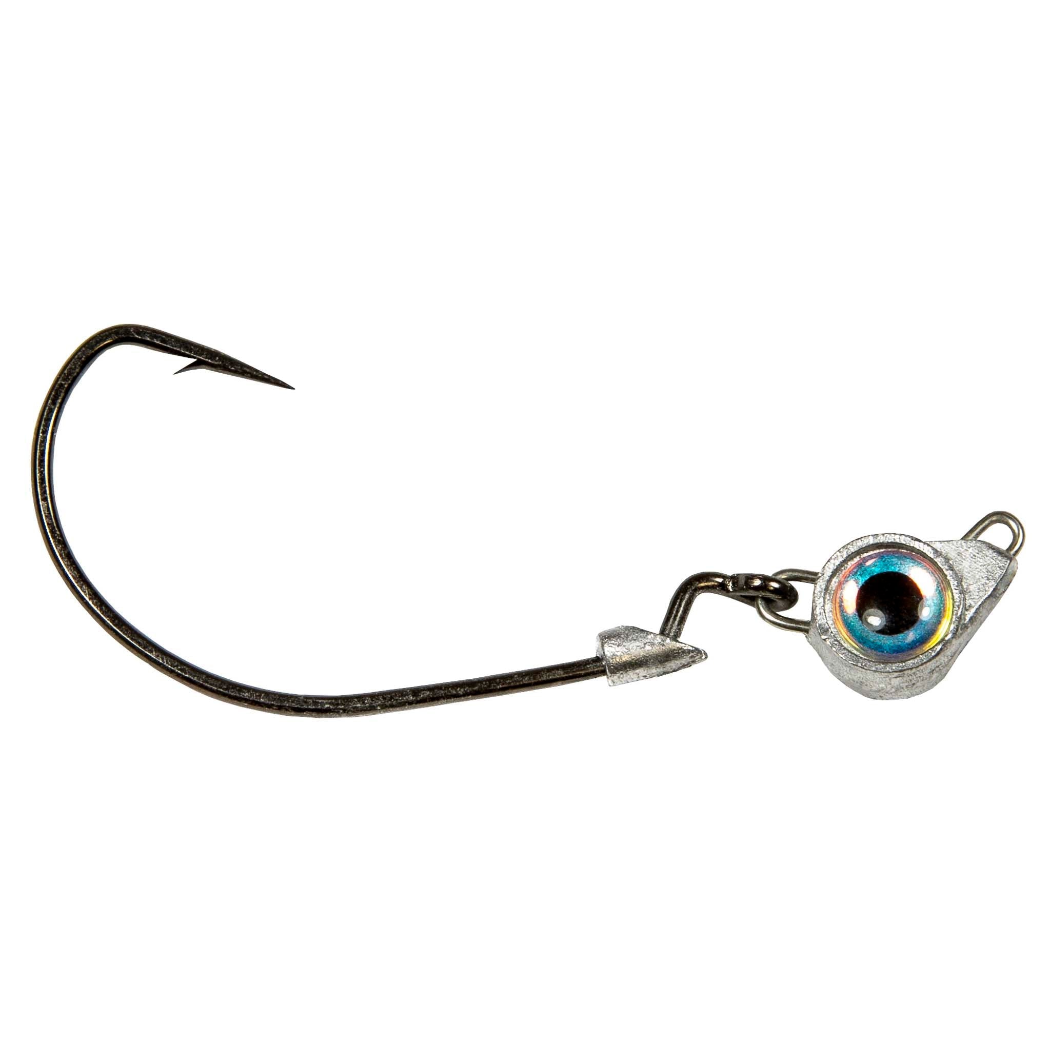 Jighead hook with iridescent blue eye, metal jig body, and trailing barbed hook